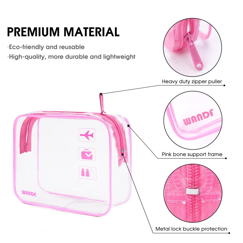 WANDF TSA Approved Clear Travel Toiletry Bag wih Zippers Carry-on Travel Accessories Quart Size Toiletries Cosmetic Pouch Makeup Bags for Men and Women (2pcs Pink) - Image 4